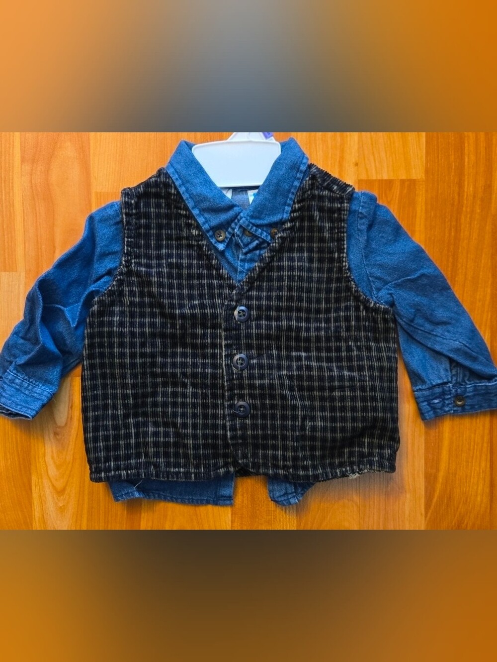 Vintage All Mine Baby Chambray Denim Shirt & Plaid Corduroy Vest Set size 12M